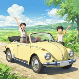 captivating, memorable, a ultradetailed beautiful photo of vw beatle convertible, joyous, wide, by conrad roset, greg rutkowski and makoto shinkai trending on artstation