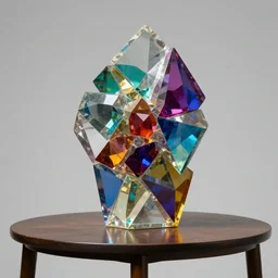a multicolored object sitting on top of a table, an abstract sculpture by john chamberlain, trending on pinterest, crystal cubism, angular, made of crystals, iridescent