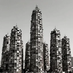 giant towers made up of makeshift squatter shacks, mamiya, uniform plain sky, fine details, minimalist, photographed by david lachapelle