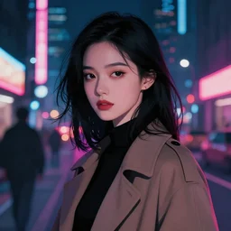 beautiful young, black eyes, black hair modern woman, wearing a coat, neon lighting, night city, digital art from artstation by ruan jia and mandy jurgens and artgerm and william - adolphe bouguereau and greg rutkowski and wayne barlowe