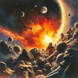 in the style of marc simonetti, watercolor, artgerm, planets exploding : : colliding in space, realistic brutal hateful awe shock terror