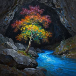 A beautiful, highly detailed, very realistic oil painting of a single tree with rainbow leaves, next to a small river, glowing bright blue in the middle of a huge, very dark cave, with lots of dark grey rocks, oil painting by Afremov and Greg Rutkowski.