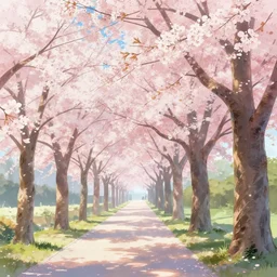 anime background art of cherry trees blossoming on the sidewalk