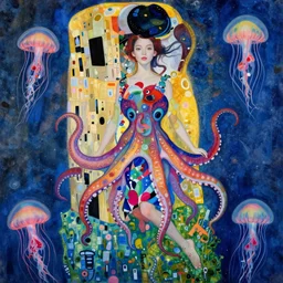 a beautiful girl underwater wearing a colourful octopus as a dress and surrounded by colourful jellyfish, painted by gustave klimt, edgar maxence, edward hopper, wayne barlowe, james gilleard and james jean