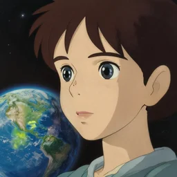 digital art. painting. young woman looking at the earth. reflection in her eyes. beautiful face. gorgeous. space. stars. above earth. by studio ghibli, lise deharme, alexander jansson, paul lehr, tim white, hans zatzka, george stubbs, louis wain, alphonse mucha