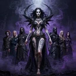 beautiful fantasy character portrait, ana de armas as the goddess of death, ultra realistic, wide angle, intricate details, black and purple smoke, highly detailed by peter mohrbacher, hajime sorayama, wayne barlowe, boris vallejo, paolo eleuteri serpieri, dishonored 2, ritualistic tattoos