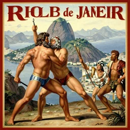 high detail poster for an opera about bearded hercules visiting rio de janeiro. italy 1 8 1 6