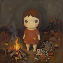 painterly warped wadded knotted heap, dull campfire autumn expressionism, masterful rendering masterpiece by yoshitomo nara