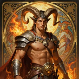 ruggedly handsome brazilian male warrior with ram horns, fire sign, mars halo, digital oil paining by artgerm, greg rutkowski, mucha | art nouveau. gloomhaven. ornate intricate detail, complimentary fire colors. sharp edges. clear detailed. 8 k. elegance