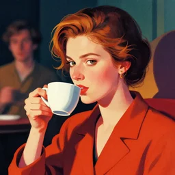 portrait of a heroine drinking coffee,vivid, Mads Berg, Karolis Strautniekas, dramatic lighting,film grain, editorial illustration, detailed, gradation, dynamic composition,moody, cinematic,extreme perspective,bright colors, art deco illustration