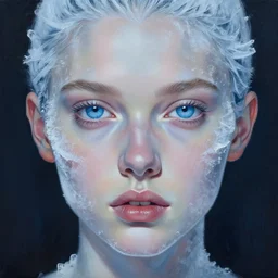 portrait of beautiful girl, blue eyes, covered in ice by kilart, artgerm, 8 k, hyper detailed, hyper realism, acrylic paint, surrealism, smooth, sharp focus, peter lindbergh, sam spratt, michael page, glenn brown, greg hildebrandt, brian froud, paolo rovers
