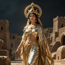 goddess of the ancient city by Annie Swynnerton and Nicholas Roerich, strong dramatic cinematic lighting , ornate headdress , flowing robes, lost civilizations, smooth, sharp focus, extremely detailed