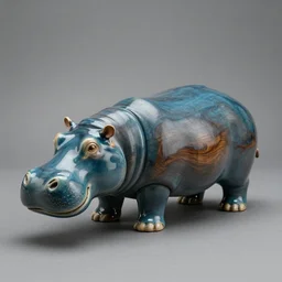 a smooth museum - quality hippopotamus made of polished wood with visible wood grain grafted onto teal blue ceramic, hd photograph, matte gray background