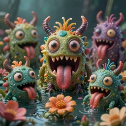 intricate colourful murky 1 6 mm with strange cute friendly horror crazy monsters with huge beauty eyes long tongue triangle teeth and scary face appearing from the flowers in water, in the style of craola, shallow depth of field, highly detailed, digital painting, trending artstation, concept art, illustration, cinematic lighting, vibrant colors, photorealism, epic, octane render