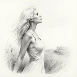 alone woman + white hair + in nature + watching on sky + posing, photo, detail body,, pencil drawing, pencil, black, sketch, on paper, realistic, detailed, artstation