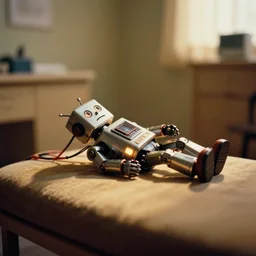 a 2 8 mm macro kodachrome photo of a sad metallic robot with glowing lights and electric wires, lying on the couch in a therapist's office in the 1 9 5 0's, seen from a distance, bokeh, canon 5 0 mm, cinematic lighting, film, photography, golden hour, depth of field, award - winning