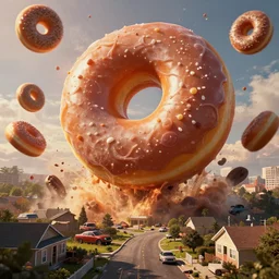 giant donuts falling into and exploding suburban buildings and cars, dim volumetric lighting, 8 k octane beautifully detailed render, post - processing, extremely hyper - detailed, intricate, epic composition, giant food natural disaster, cinematic lighting, masterpiece, trending on artstation, detailed detailed detailed, masterpiece, stunning art by anders zorn, wonderful masterpiece by greg rutkowski, beautiful cinematic light, american romanticism by greg manchess, jessica rossier