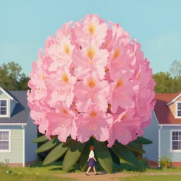 giant rhododendron flower head, woman walking between houses, surreal, flat light, painting, digital painting, artstation, wes anderson