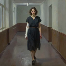 dark oil realistic painting a brunette woman with a bandaged arms walks alone in a soviet office building hallway