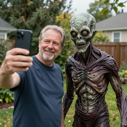 my dad taking a selfie with the lovecraftian horror creature he caught in the backyard