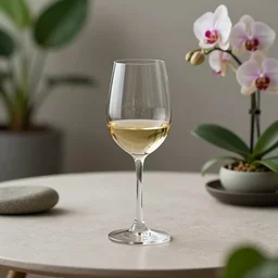 5 5 mm photo of wine - glass on a zen minimalist table with orchids and houseplants in the background. highly detailed 8 k. intricate. lifelike. soft light. nikon d 8 5 0.