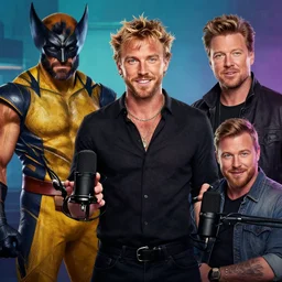 Logan Paul giving a podcast On the radio with wolverine , artstation, Greg rutkowski, cinematic, digital Art