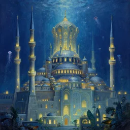 a beautiful painting of the towers, domes, and pinnacles of the city of atlantis, underwater with glowing lights, fish and jellyfish, with the night sky with stars above, intricate, elegant, highly detailed, digital painting, artstation, concept art, by krenz cushart and artem demura and alphonse mucha