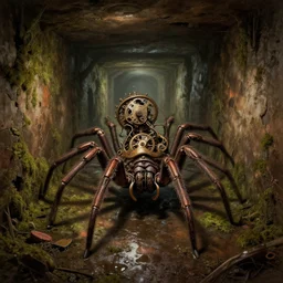 destroyed mechanical clockpunk spider in a large dimly lit wet sewer, mossy walls, long corridor, wide angle shot, ultra detailed, fine drawing, grunge, eldritch horror, hyper real, 4 k, moody lighting, warm colors, shaded