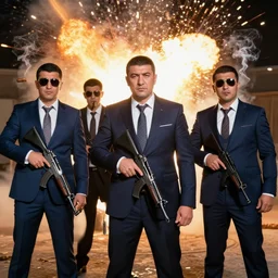 Kazakh mafia members in stylish Italian suits with Tommy guns, smoking cigars, explosion in the background