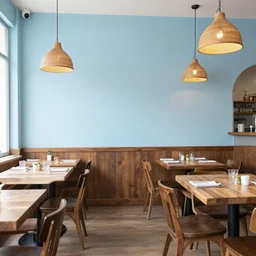 photo of a restaurant with light blue walls