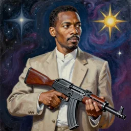 Malcolm x holding an uzi painting by Chris dyer in the style of cosmic christ by alex grey