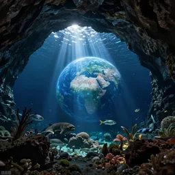 ambient underwater rays of light, cavern and dark, planet earth, raytracing, wildlife, nature, water, bbc, david attenborough, blue planet, huge
