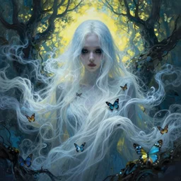 a beautiful terrifying ghost portrait black eyes smoke twisted trees jennie blackpink, floating cloth whirlpool, butterfly hard lighting ethereal horror fantasy art blue, yellow green, white hues by karol bak raymond swanland, gaston bussiere craig mullins alphonse mucha basil gogos, monet, ruan jia, by wlop, moebius syd mead roger dean yoshitaka amano