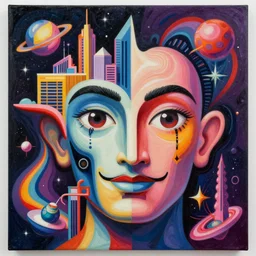 an extremely high quality hd surrealism painting of a 3d galactic neon complimentary-colored cartoon surrealism melting optically illusiony high-contrast zaha hadid futuristic cityscape face by kandsky and salvia dali the second, salvador dali's much much much much more talented painter cousin, clear shapes, 8k, realistic shading, ultra realistic, super realistic