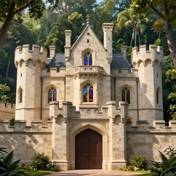 the castle is built of a pale stone that almost seems to glow in the jungle light. it is surrounded by a high wall, and the gates are guarded by two massive towers. the windows are arched and stained glass glimmers in the sun. the roof is peaked and there are balconies and turrets dotted along the length of the castle