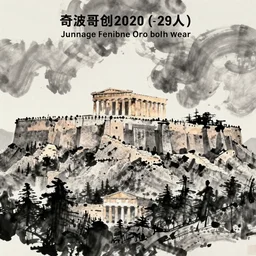 Greek acropolis, Chinese ink painting, Qi Baishi style