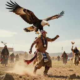 Navajo shaman morphing into an eagle during a Sundance, realistic, cinematic, octane render