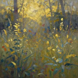 chernobyl garden. gouache and gold paint, russian romanticism, muted palette, backlighting, depth of field.