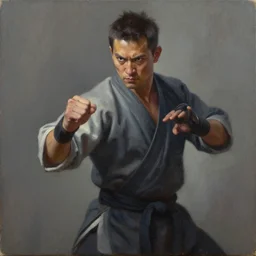 A matte oil on canvas portrait of a martial artist by greg rutkowski and artgerm, trending on artstation,  dungeons and dragons art