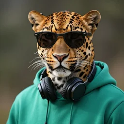 a photorealistic digital illustration of a leopard wearing black sunglasses and dressed in a teal green hoodie. he has headphones around his neck. hyper detailed. this 4 k hd image is trending on artstation, featured on behance, well - rendered, extra crisp, features intricate detail, epic composition and the style of unreal engine.