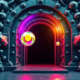 molecular gates with orbs of brilliant color floating in front of the opening : subatomic brutalist gate portal to the past rainbow colors - weight : 1 incredibly detailed digital photo illustration, 1 6 k resolution, concept art, hyperrealism, hypermaximalism, cinema 4 d, a masterpiece - weight : 0. 8 # film, film noir, 3 2 k, dslr, filmic,