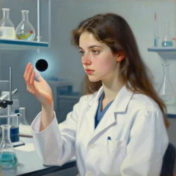 an oil portrait painting of a beautiful young female scientist in a laboratory looking at a small black hole in her hand, style by jordan grimmer and greg rutkowski, elegant, sharp focus, morandi color scheme, illustration, high quality, highly detailed, long hair, digital art