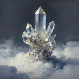 a painting of a crystal abstract sculpture standing in the clouds, a detailed matte painting by christophe vacher, cgsociety, fantasy art, matte painting, matte drawing, concept art