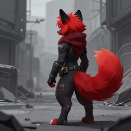 red fursona stoat tailbehind stoat | fantasyart | urbanscene coalpunk masculine fursona black
