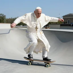 pope francis skating in a skate park, realistic, photography, award winning, detailed