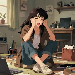 a ultradetailed beautiful panting of a stylish woman sitting in a messy apartment, by greg rutkowski, conrad roset and makoto shinkai, trending on artstation