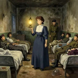 1 8 5 4 crimea, florence nightingale holding lamp, army hospital in scutari at night, wounded patients in beds on both sides of hospital ward, dirty floor, grimy walls, finely detailed perfect art, painted by greg rutkowski makoto shinkai takashi takeuchi studio ghibli