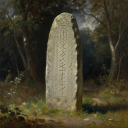 runestone, runic inscription, megalithic, monument, nature, trees, focused, centered, very detailed, norse, histor, oil painting, Albert Bierstadt