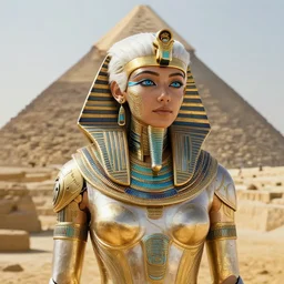 girl exploring a pyramid, egyptian cyborg armor, white hair, atmosphere, gold, detailed, intricate, beautiful face, cinematic lighting, trending on artstation, blue eyes, 4 k, focused, extreme details, cinematic, masterpiece, by akihito tsukushi