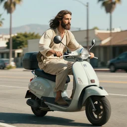 photo of jesus riding a scooter in california, high detail, cinematic,